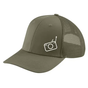 Olive green baseball cap with camera logo.