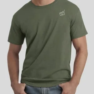 Man wearing olive green camera icon t-shirt.