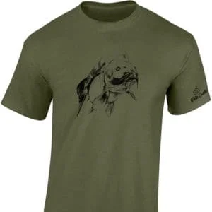 Green t-shirt with fish illustration and logo
