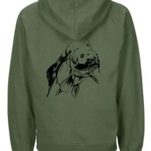 Green hoodie with fish graphic design.