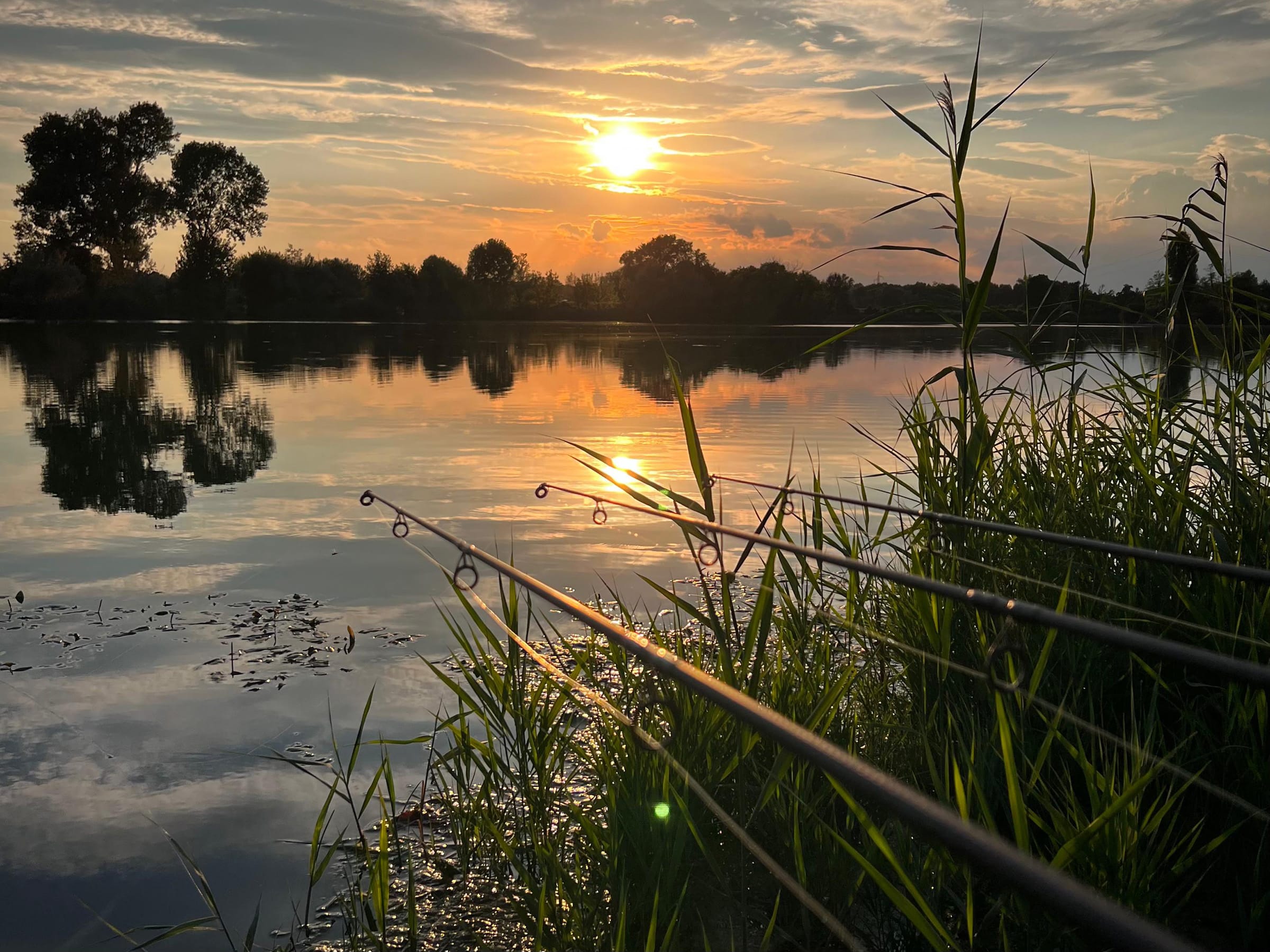Sunset over tranquil lake with fishing rods visible.